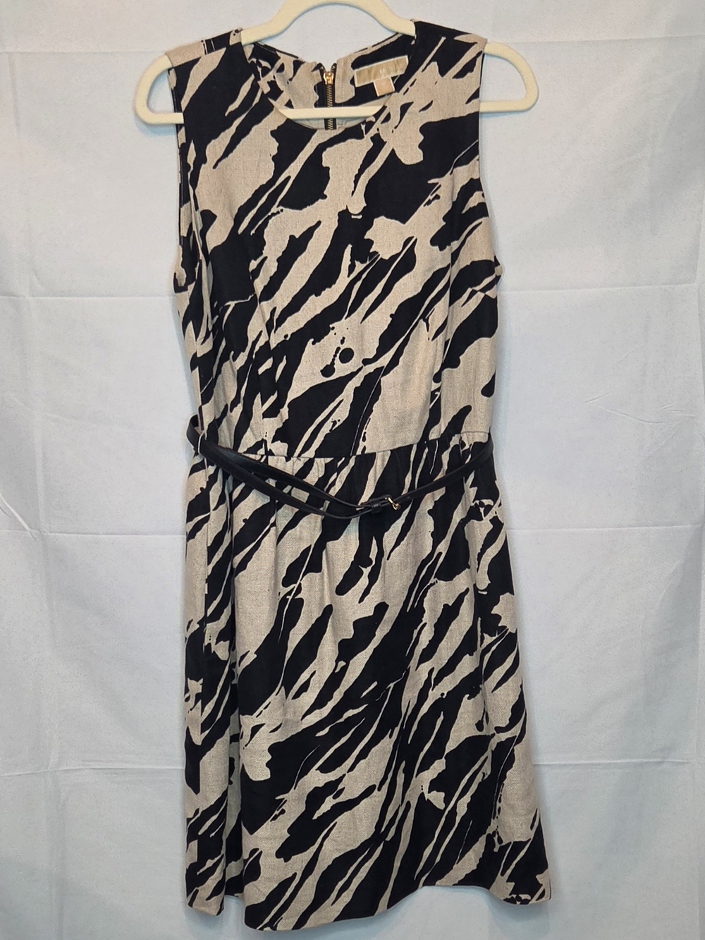 MICHAEL Michael Kors Zebra Print Linen Sheath Dress Belted Tan Black Size 12